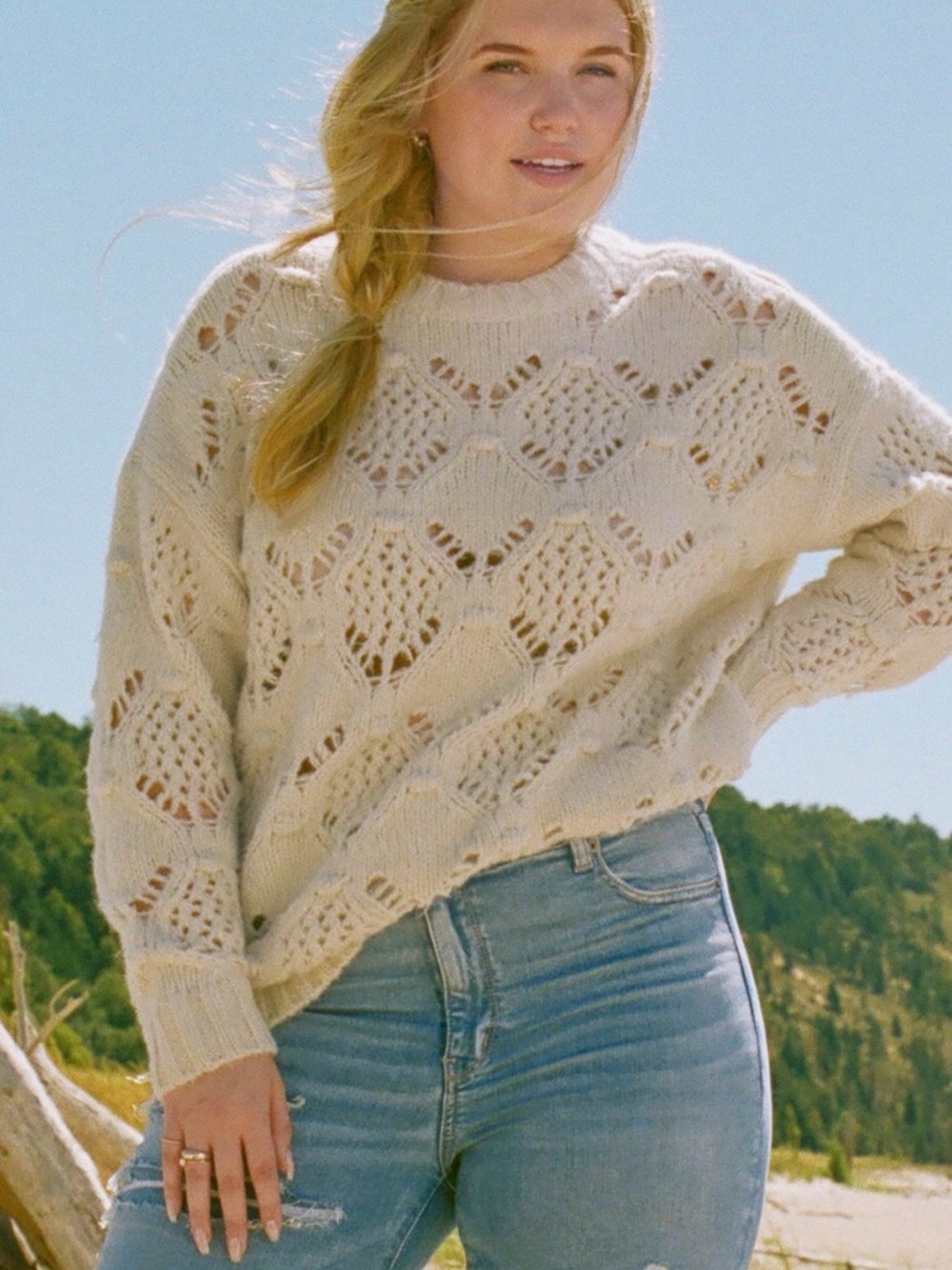 Aerie Cozy Open-Knit Cream Sweater - Women's